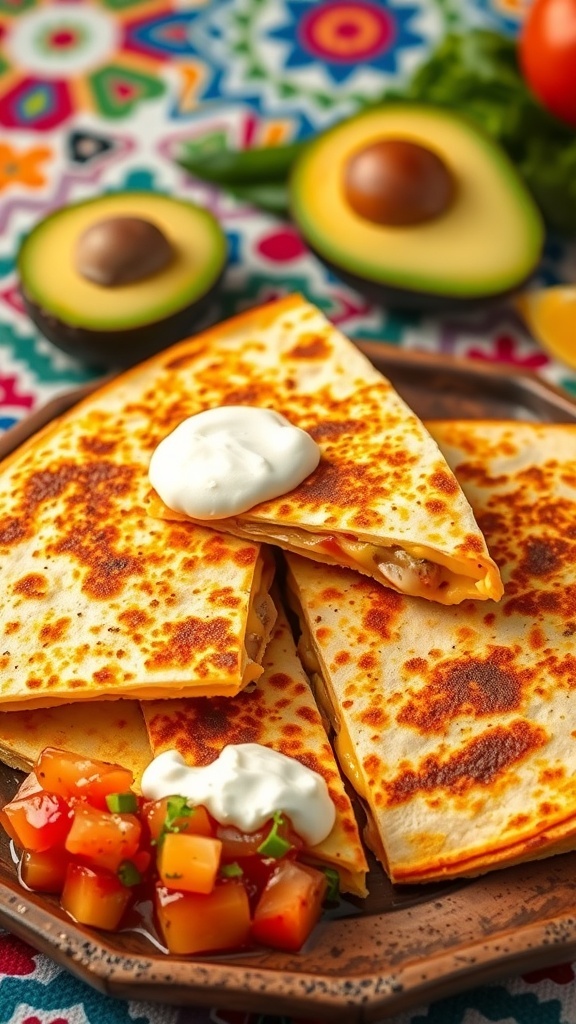 Cheesy Quesadilla Recipe Cheesy quesadilla wedges with melted cheese, served with salsa and sour cream on a rustic plate.